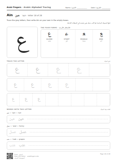The Ain (ع) tracing worksheet — letter, forms and practice rows
