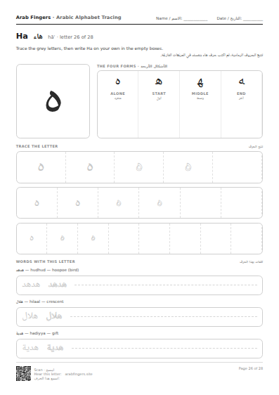 The Ha (ه) tracing worksheet — letter, forms and practice rows