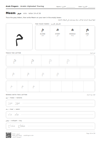 The Meem (م) tracing worksheet — letter, forms and practice rows