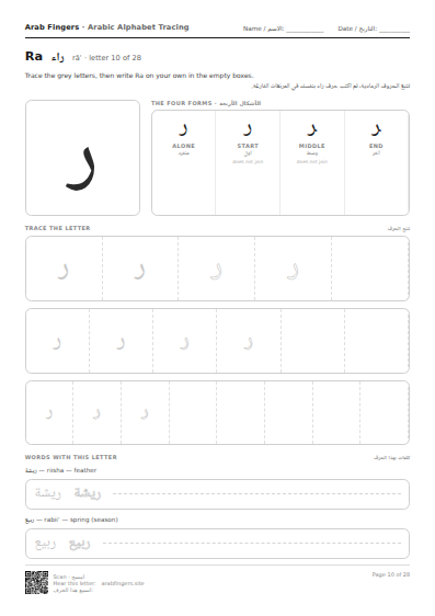 The Ra (ر) tracing worksheet — letter, forms and practice rows