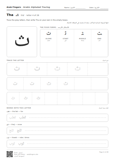 The Tha (ث) tracing worksheet — letter, forms and practice rows